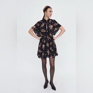 Zara Floral Print Black Dress With Tie Neck